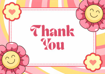 Playful thank you card with smiling sunflowers, pink flowers, and cheerful pink border for bright and friendly gratitude.