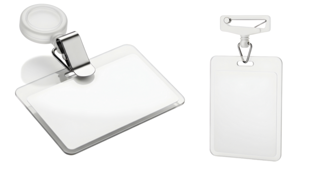 Two blank white plastic id badge holders with clips for events or security access on transparent background
