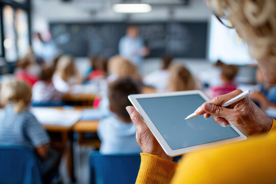 Teacher using tablet to explain lesson to students in smart classroom 