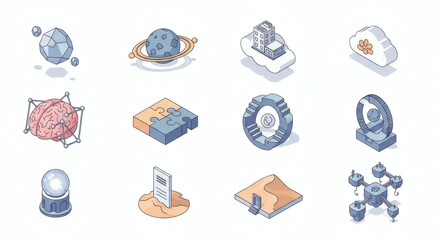 Isometric Icons Advanced Technology, AI, Cloud Computing, Data Science, and Futuristic Concepts for Digital Design