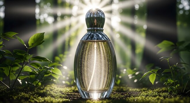 Elegant perfume bottle radiates divine light amidst lush enchanted forest setting