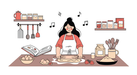 A happy woman bakes in her kitchen, rolling out dough with ingredients, utensils, and musical notes, depicting a cheerful domestic activity.