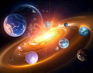 A vibrant cosmic display featuring several planets orbiting a bright, swirling central point. Planets have varied surfaces