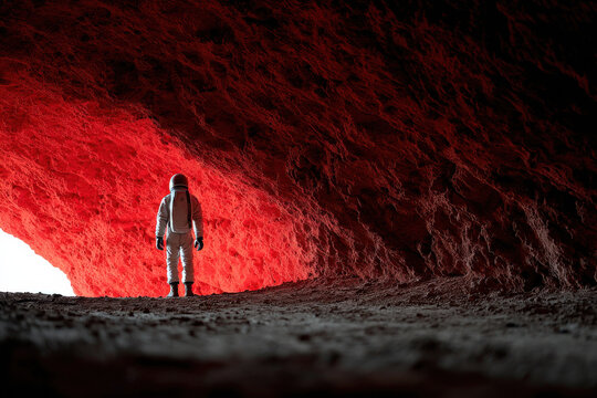 Futuristic explorer standing near neon-lit cave on Mars