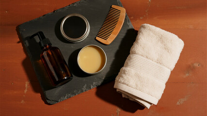 A clean top-down flat lay shows men's grooming tools like a blank beard oil bottle and a wooden comb on a warm slate background