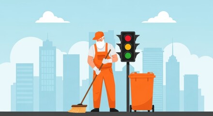 Sanitation worker cleaning the city street for a cleaner environment
