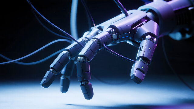 A close-up abstract of a robotic hand's intricate metallic structure with cool blue light, symbolizing AI complexity