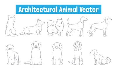 Clean architectural vector set of cats and dogs in minimalist line-art style — multiple pet poses, people walking dogs and leash elements. Perfect for plans, presentations and icons.