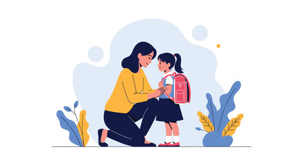 A loving mother kneels down to comfort and encourage her young daughter who is wearing a school backpack, preparing her for a new day at school.