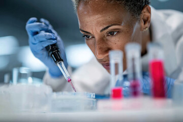 Researcher in white coat reviewing experimental results