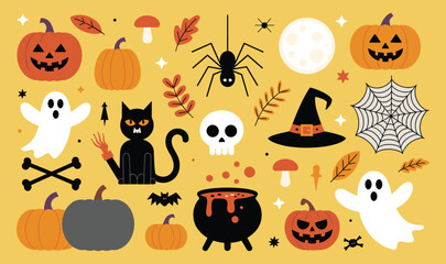 Cute flat Halloween illustration collection with pumpkins, ghosts, black cat, spider, skull, witch hat, cauldron, autumn leaves and spooky elements