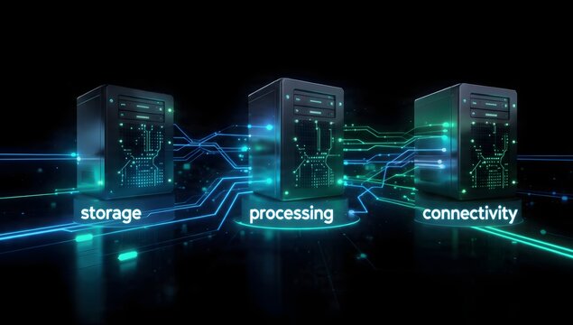 Futuristic data center scene highlighting storage, processing, and connectivity with sleek servers, racks, blue neon circuits, and digital networks