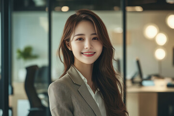 A confident businesswoman smiling in a modern office, symbolizing leadership, professionalism, and success in the workplace, Professional Confidence and Leadership.