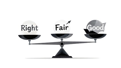 Three-pan balance scale illustrating Right, Fair, and Good as a visual metaphor for judgment, fairness, and ethical decision making in business