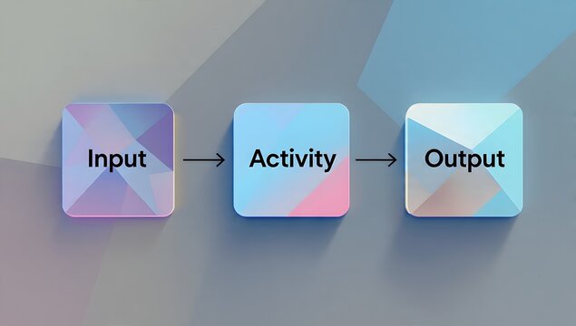 Three-step workflow concept image showing input, activity, and output blocks with gradient geometric shapes and arrows illustrating data processing - Powered by Adobe