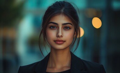 A confident businesswoman smiling in a modern office, symbolizing leadership, professionalism, and success in the workplace, Professional Confidence and Leadership.