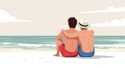 Two men sitting on the beach hugging and watching the ocean