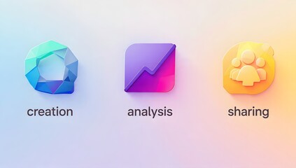 Abstract gradient background with three flat icons labeled creation, analysis and sharing to illustrate digital workflow and collaboration