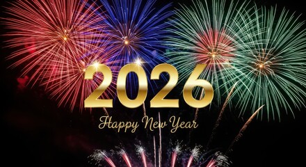 2026 New Year card, colorful fireworks poster background, New Year 2026 banner