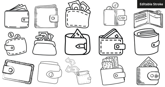 Set of 15 hand-drawn wallet and money icons. Doodle finance and payment vector illustration.