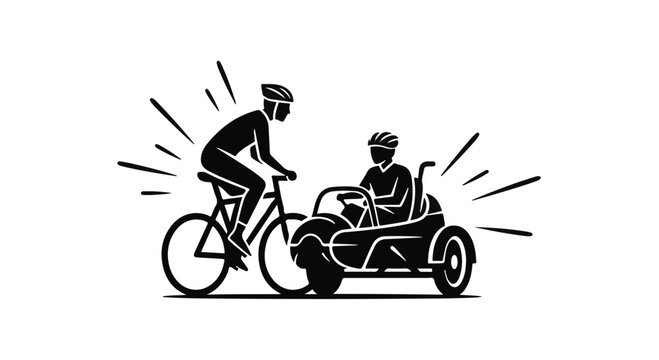 Dynamic duo enjoys a thrilling bicycle ride with a passenger in a sidecar, radiating energy and adventure.
