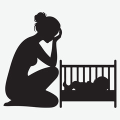 Silhouette of a distressed mother by a baby's crib