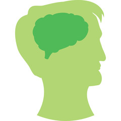 Profile Silhouette Of A Man With A Green Brain Graphic Inside His Head And A Transparent Background Illustrating Thought Process And Cognition