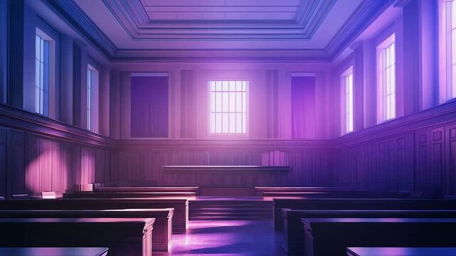 Empty courtroom interior with vibrant purple lighting