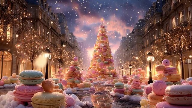 マカロンのクリスマスストリート ― パステルが灯す甘い夜/Macaron Christmas Street &ndash; A Sweet Pastel Holiday Night Generative AI