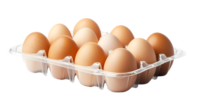 A dozen brown eggs in a clear plastic carton, , ready for cooking and consumption