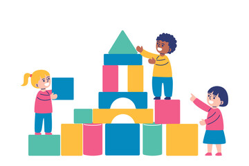 Diverse children working together to build a colorful tower with large blocks