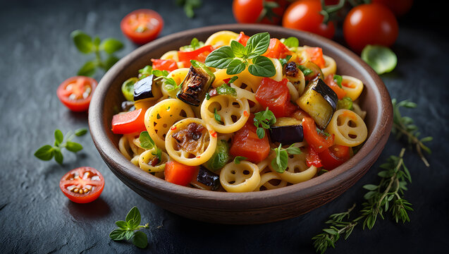 Bowl of pasta with diced tomatoes eggplant and fresh herbs on dark slate background food - Powered by Adobe