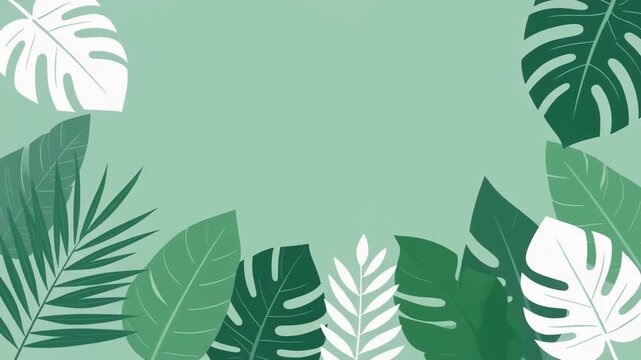 Lush tropical foliage frame with monstera and palm leaves on a pastel green background for design