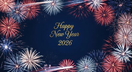 2026 New Year card, USA fireworks border, New Year 2026 banner