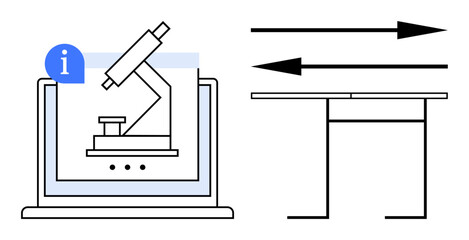 Laptop displaying microscope with information icon, horizontal arrows beside adjustable desk. Ideal for online learning, scientific research, remote work, innovation, ergonomics, technology, simple