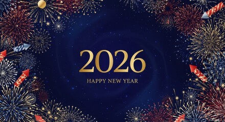 2026 New Year card, USA fireworks border, New Year 2026 banner