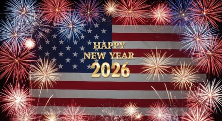 2026 New Year card, USA fireworks border, New Year 2026 banner