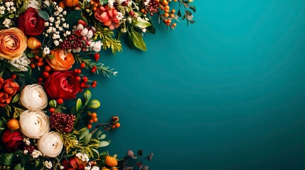 Vibrant Floral Arrangement with Colorful Roses and Greenery on Blue Background