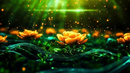 Vibrant Yellow Flowers Amidst Glowing Light and Gentle Water Flowing