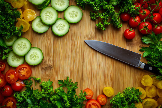 Freshly chopped vegetables and cherry tomatoes arranged around a knife on a wooden cutting board ready for cooking - Powered by Adobe