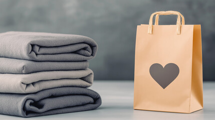 Stack of folded blankets next to a gift bag on a grey background