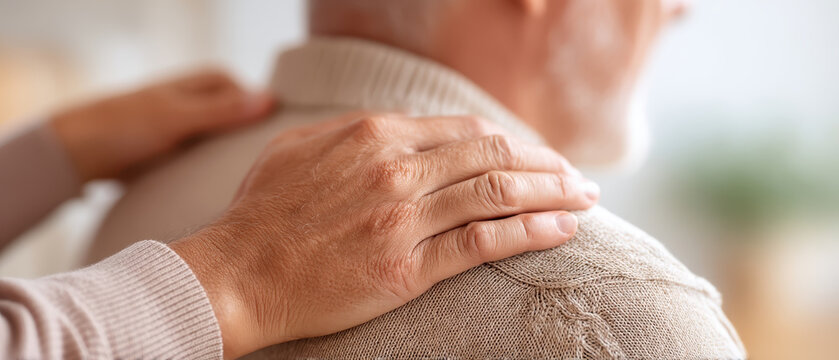 Caring hands provide comfort and support to elderly individual, highlighting importance of healthcare and medical assistance in nurturing relationships