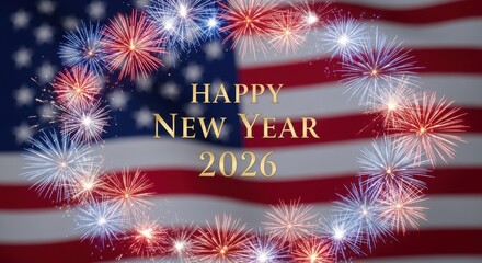 2026 New Year card, USA fireworks border, New Year 2026 banner