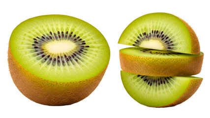 Fresh kiwi fruit cut in half and sliced close up view on transparent background