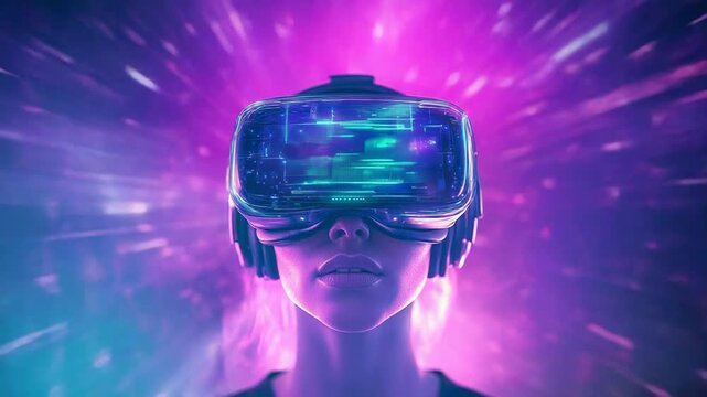 Woman experiencing virtual reality metaverse technology with futuristic headset