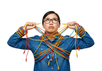 Overwhelmed Woman Tangled Cables, Confused Female Networking, Frustrated IT Problem, Messy Wire Challenge, Technology Stress, Digital Frustration Isolated on transparent background, png