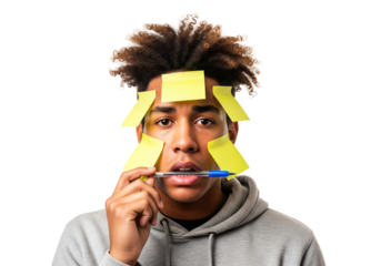 Confused Man Sticky Notes, Forgetful Male Reminders, Overwhelmed Memory Challenge, Disorganized Thoughts, Absent Minded Expression, Planning Issues Isolated on transparent background, png