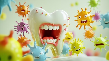 Protect your smile from nasty germs with regular checkups and brushing for a healthy mouth, a tooth surrounded by colorful bacteria characters