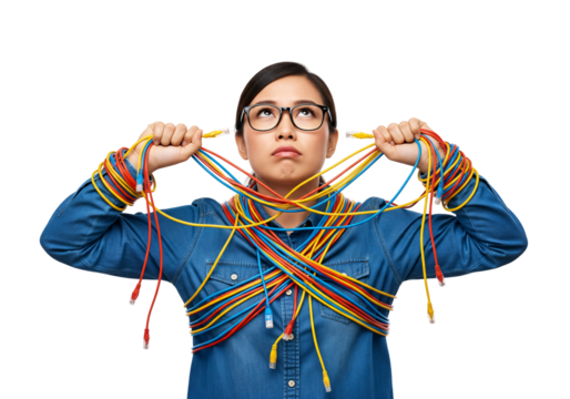 Overwhelmed Woman Tangled Cables, Confused Female Networking, Frustrated IT Problem, Messy Wire Challenge, Technology Stress, Digital Frustration Isolated on transparent background, png