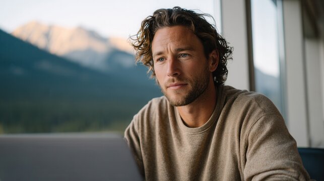 A young man focused on his laptop while enjoying a scenic mountain view. The setting is calm and inspiring, perfect for remote work or study.
